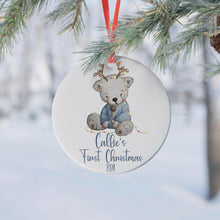 Load image into Gallery viewer, Personalised Baby's First Christmas Teddy Bear Bauble with Name and Year, 10cm Acrylic