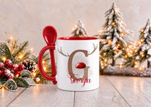 Load image into Gallery viewer, Personalised Reindeer Christmas Mug with Spoon, Red Handle, Name and Initial, 11oz