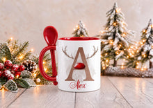 Load image into Gallery viewer, Personalised Reindeer Christmas Mug with Spoon, Red Handle, Name and Initial, 11oz