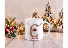 Load image into Gallery viewer, Personalised Reindeer Antler Christmas Mug with Name and Initial, Red Nose, 11oz