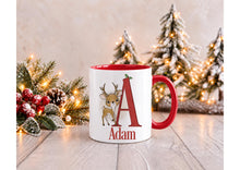 Load image into Gallery viewer, Personalised Reindeer Christmas Mug with Name and Initial, Red Handle, 11oz