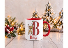 Load image into Gallery viewer, Personalised Reindeer Christmas Mug with Name and Initial, Red Handle, 11oz