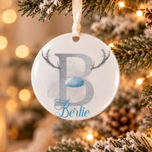 Load image into Gallery viewer, Personalised Reindeer Antler Christmas Bauble with Name and Initial, Blue Design, 10cm Acrylic