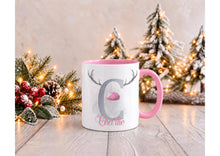 Load image into Gallery viewer, Personalised Reindeer Antler Christmas Mug with Name and Initial, Pink Handle, 11oz