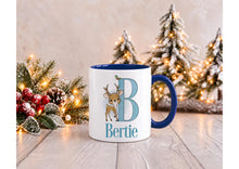 Load image into Gallery viewer, Personalised Reindeer Christmas Mug with Name and Initial, Blue Handle, 11oz