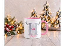 Load image into Gallery viewer, Personalised Reindeer Antler Christmas Mug with Name and Initial, Pink Handle, 11oz