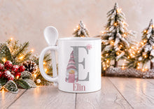 Load image into Gallery viewer, Personalised Pink Gonk Christmas Mug with Spoon, Name and Initial, 11oz