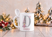 Load image into Gallery viewer, Personalised Pink Gonk Christmas Mug with Spoon, Name and Initial, 11oz