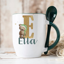 Load image into Gallery viewer, Green Handle Spoon Mug, Personalised Red Handle Spoon Mug, Hot Chocolate Mug with matching spoon