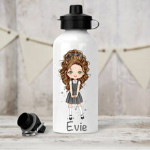Load image into Gallery viewer, Personalised Girl's Water Bottle, Back to School Water Bottle, Stainless Steel Bottle with Custom Girl Character in Grey School Uniform.