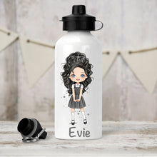Load image into Gallery viewer, Personalised Girl's Water Bottle, Back to School Water Bottle, Stainless Steel Bottle with Custom Girl Character in Grey School Uniform.