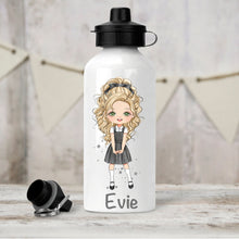 Load image into Gallery viewer, Personalised Girl's Water Bottle, Back to School Water Bottle, Stainless Steel Bottle with Custom Girl Character in Grey School Uniform.
