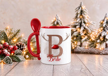 Load image into Gallery viewer, Personalised Reindeer Christmas Mug with Spoon, Red Handle, Name and Initial, 11oz
