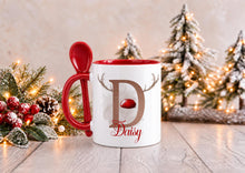 Load image into Gallery viewer, Personalised Reindeer Christmas Mug with Spoon, Red Handle, Name and Initial, 11oz
