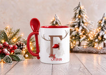 Load image into Gallery viewer, Personalised Reindeer Christmas Mug with Spoon, Red Handle, Name and Initial, 11oz
