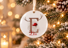Load image into Gallery viewer, Personalised Reindeer Antler Christmas Bauble with Name and Initial, Brown Design, 10cm Acrylic
