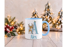 Load image into Gallery viewer, Personalised Reindeer Christmas Mug with Name and Initial, Blue Handle, 11oz
