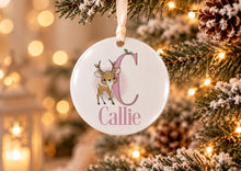 Load image into Gallery viewer, Personalised Reindeer Christmas Bauble with Pink Initial and Name, 10cm Acrylic
