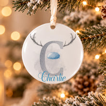 Load image into Gallery viewer, Personalised Reindeer Antler Christmas Bauble with Name and Initial, Blue Design, 10cm Acrylic
