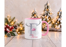 Load image into Gallery viewer, Personalised Reindeer Antler Christmas Mug with Name and Initial, Pink Handle, 11oz
