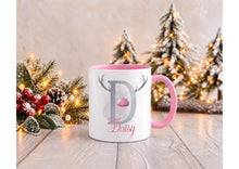 Load image into Gallery viewer, Personalised Reindeer Antler Christmas Mug with Name and Initial, Pink Handle, 11oz
