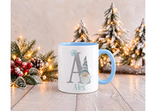 Load image into Gallery viewer, Personalised Gonk Christmas Mug with Name and Initial, Blue Handle, 11oz
