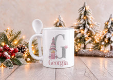 Load image into Gallery viewer, Personalised Pink Gonk Christmas Mug with Spoon, Name and Initial, 11oz
