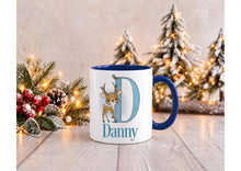 Load image into Gallery viewer, Personalised Reindeer Christmas Mug with Name and Initial, Blue Handle, 11oz
