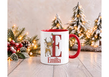 Load image into Gallery viewer, Personalised Reindeer Christmas Mug with Name and Initial, Red Handle, 11oz
