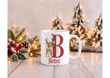 Load image into Gallery viewer, Personalised Reindeer Christmas Mug with Red Initial and Name, 11oz
