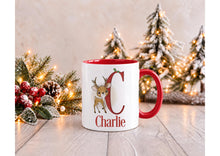 Load image into Gallery viewer, Personalised Reindeer Christmas Mug with Name and Initial, Red Handle, 11oz
