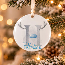 Load image into Gallery viewer, Personalised Reindeer Antler Christmas Bauble with Name and Initial, Blue Design, 10cm Acrylic
