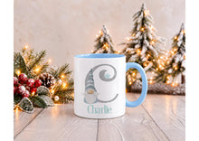 Load image into Gallery viewer, Personalised Gonk Christmas Mug with Name and Initial, Blue Handle, 11oz
