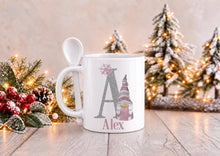 Load image into Gallery viewer, Personalised Pink Gonk Christmas Mug with Spoon, Name and Initial, 11oz
