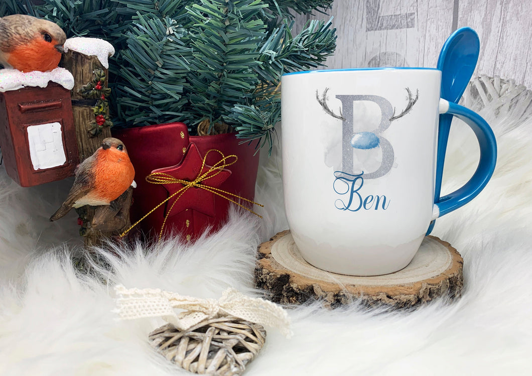 Blue Handled Spoon Mug, Personalised Christmas Mug