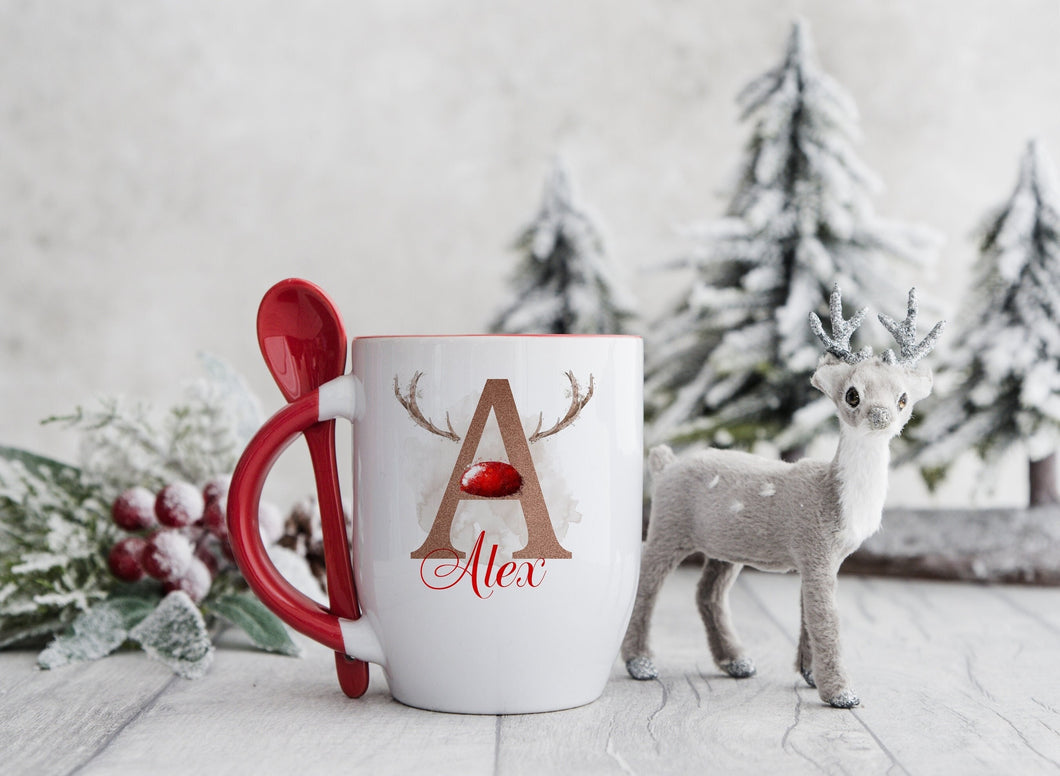 Red Handled Spoon Mug, Personalised Christmas Mug