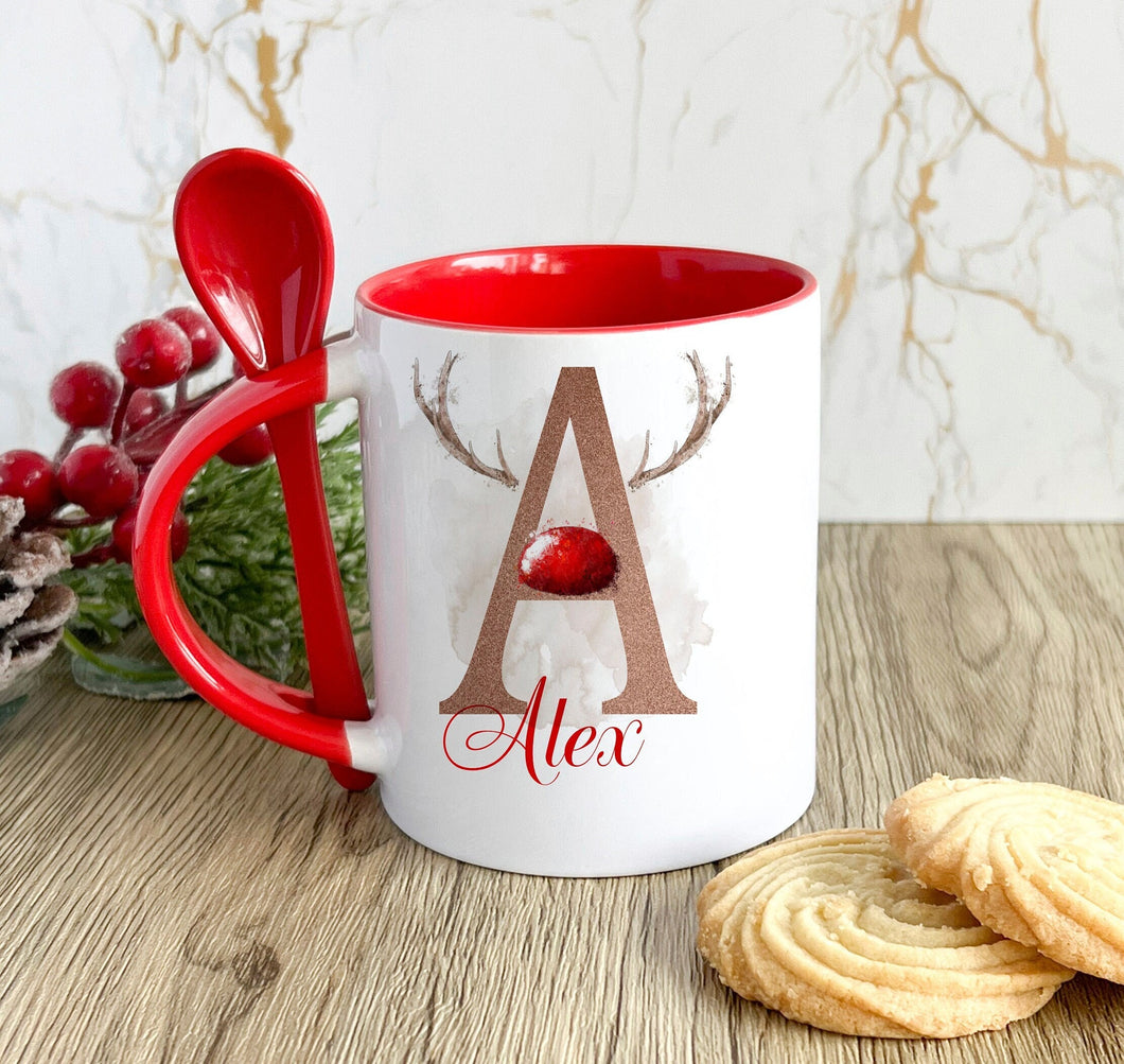 Red Handled Spoon Mug, Personalised Christmas Mug