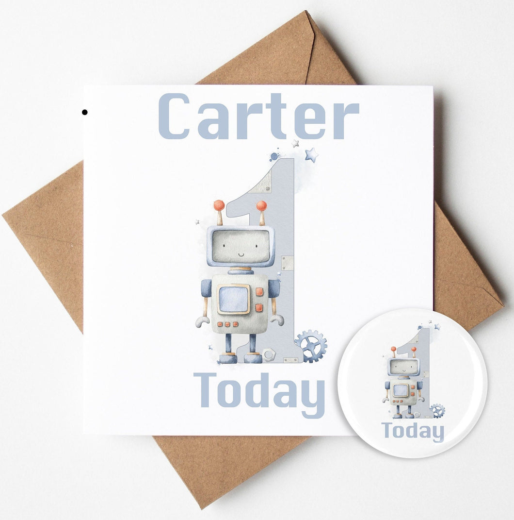 Personalised Robot Birthday Card & Badge