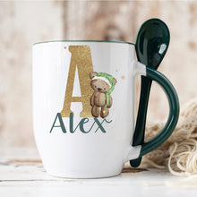 Load image into Gallery viewer, Green Handle Spoon Mug, Personalised Red Handle Spoon Mug, Hot Chocolate Mug with matching spoon
