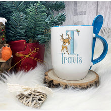 Load image into Gallery viewer, Blue Handle Spoon Mug, Personalised Red Handle Spoon Mug, Hot Chocolate Mug with matching spoon
