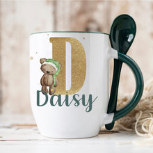 Load image into Gallery viewer, Green Handle Spoon Mug, Personalised Red Handle Spoon Mug, Hot Chocolate Mug with matching spoon
