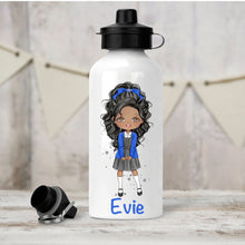 Load image into Gallery viewer, Personalised Girl&#39;s Water Bottle, Back to School Water Bottle, Stainless Steel Bottle with Custom Girl Character in Blue School Uniform.
