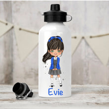 Load image into Gallery viewer, Personalised Girl&#39;s Water Bottle, Back to School Water Bottle, Stainless Steel Bottle with Custom Girl Character in Blue School Uniform.
