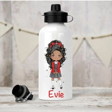 Load image into Gallery viewer, Personalised Girl&#39;s Water Bottle, Back to School Water Bottle, Stainless Steel Bottle with Custom Girl Character in Red School Uniform.
