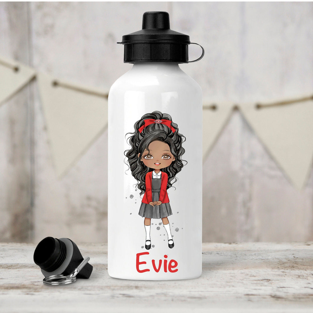 Personalised Girl's Water Bottle, Back to School Water Bottle, Stainless Steel Bottle with Custom Girl Character in Red School Uniform.