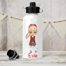 Load image into Gallery viewer, Personalised Girl&#39;s Water Bottle, Back to School Water Bottle, Stainless Steel Bottle with Custom Girl Character in Red School Uniform.
