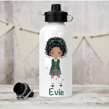 Load image into Gallery viewer, Personalised Girl&#39;s Water Bottle, Back to School Water Bottle, Stainless Steel Bottle with Custom Girl Character in Green School Uniform.
