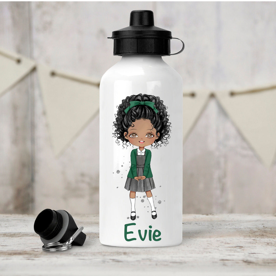 Personalised Girl's Water Bottle, Back to School Water Bottle, Stainless Steel Bottle with Custom Girl Character in Green School Uniform.