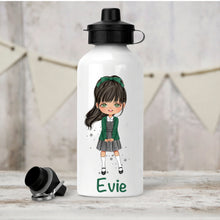 Load image into Gallery viewer, Personalised Girl&#39;s Water Bottle, Back to School Water Bottle, Stainless Steel Bottle with Custom Girl Character in Green School Uniform.
