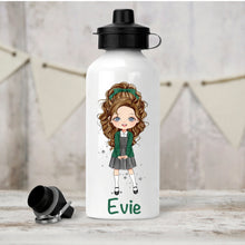 Load image into Gallery viewer, Personalised Girl&#39;s Water Bottle, Back to School Water Bottle, Stainless Steel Bottle with Custom Girl Character in Green School Uniform.
